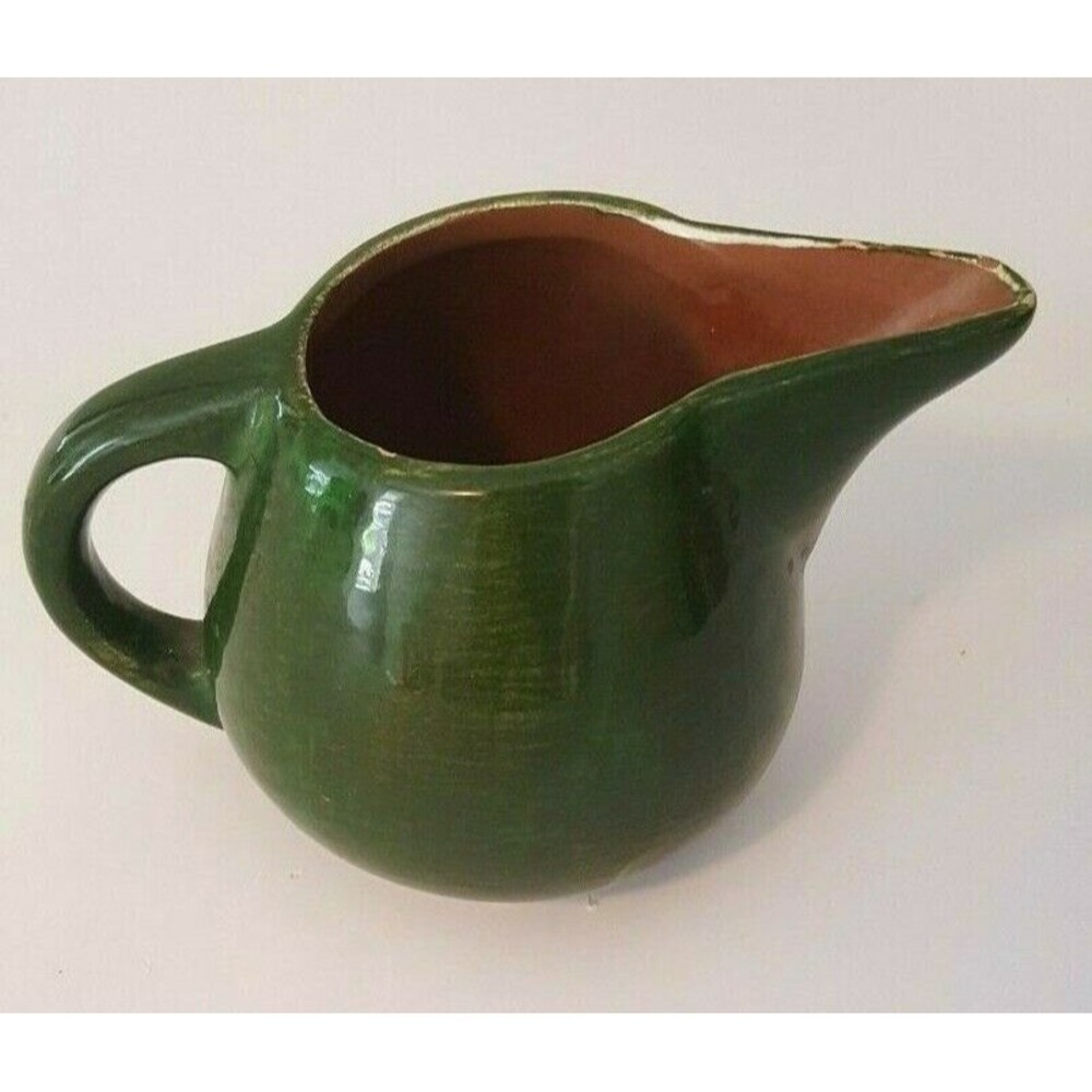 STANGL Milk Pitcher signed Pottery Green Brown 3 3/4 X 6   USA 1/2 pt Vintage